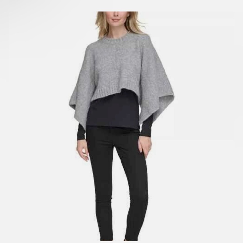 Calvin Klein Women's Knit Boucle Cropped Poncho Sweater -One size Heather Gray